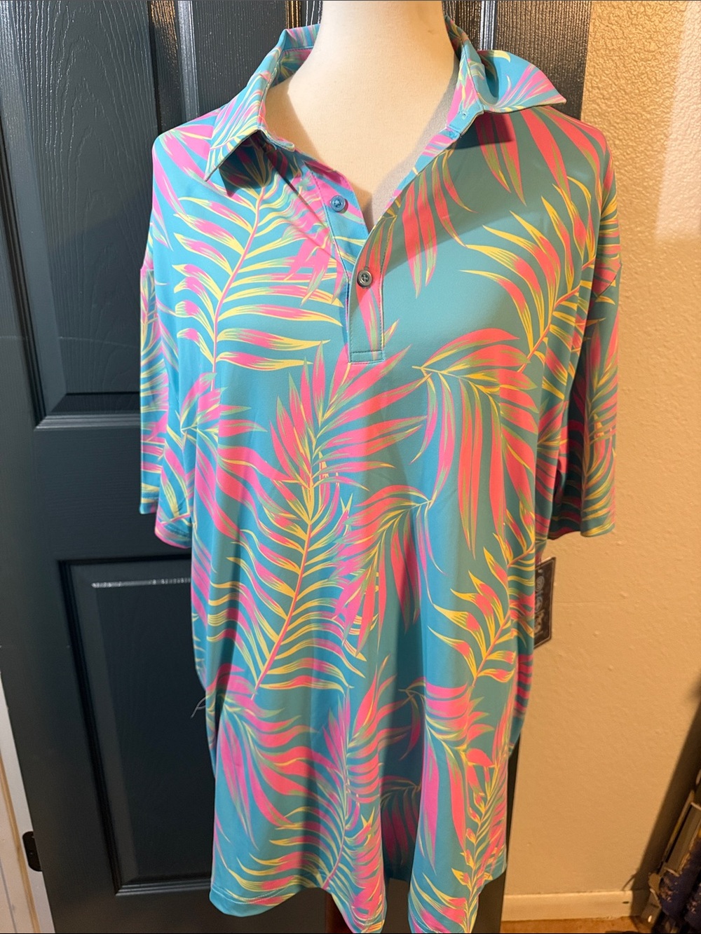 Birdiebound Men's blueTeal Tropical Print Polo Shirt - Pink & Yellow Leaf Patten